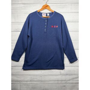 Vintage Chic Women's M Navy Floral Embroidered Henley Sweatshirt 4359